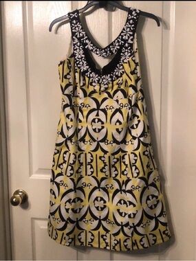 Nanette Lepore Yellow Black White Embellished Neck Mini Dress